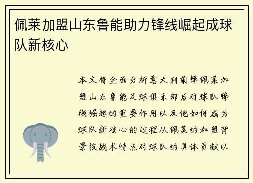 佩莱加盟山东鲁能助力锋线崛起成球队新核心