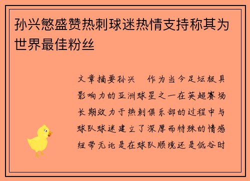 孙兴慜盛赞热刺球迷热情支持称其为世界最佳粉丝