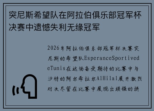 突尼斯希望队在阿拉伯俱乐部冠军杯决赛中遗憾失利无缘冠军 突尼斯希望队在阿拉伯俱乐部冠军杯决赛中遗憾失利无缘冠军